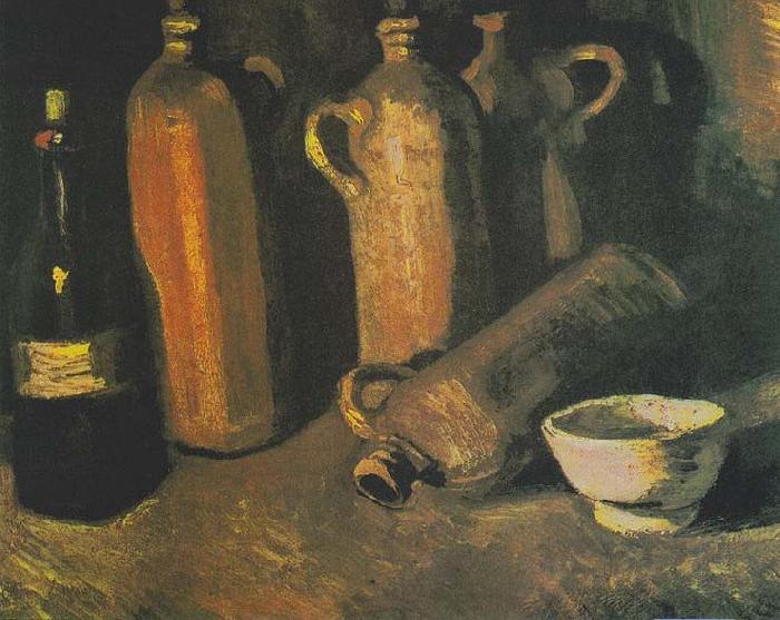  Still life with four jugs, bottles and white bowl